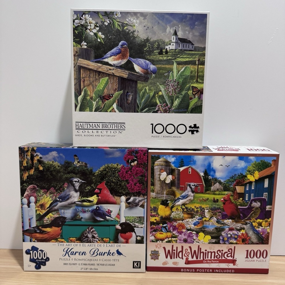 1000 Piece Puzzle Lot BIRDS TEA PARTY Birds, Blooms and Butterflies ON THE FENCE